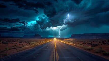 Photograph of an empty highway leading to a thunderstorm in the middle of a desolate desert near Moab, Utah, USA.