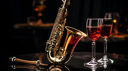 Fototapeta premium A saxophone and two wine glasses on a table, set for a romantic evening with music and wine.
