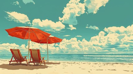 vintage beach scene, vintage beach chairs and umbrellas create a classic pop art summer scene on a sunny day with a retro vibe