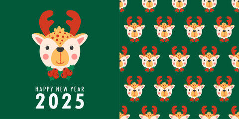 Happy new year 2025 greeting card with cute reindeer with holly berries. Seamless pattern. Holiday cartoon character in winter season. Flat vector illustration isolated on green