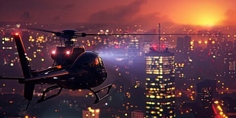 Obraz premium Cityscape with Helicopter Spotlight