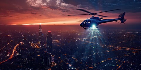 Naklejka premium Helicopter Night Patrol Over City