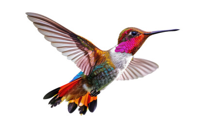 Obraz premium Photograph of a colorful hummingbird hovering in mid-air, its wings beating rapidly, against a transparent background.