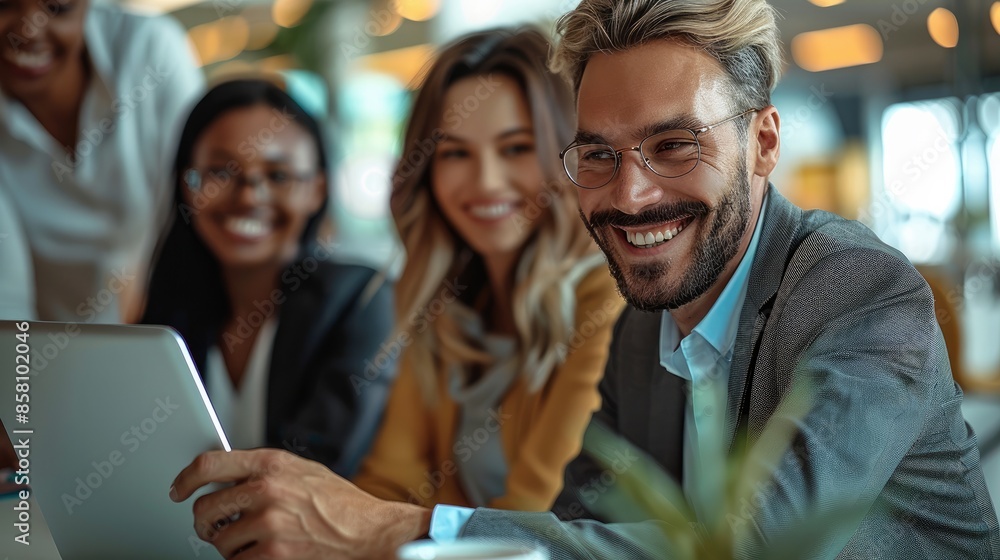 Poster Happy multi ethnic business people working together and smiling while using a tablet during their meeting in the office. Generative AI.