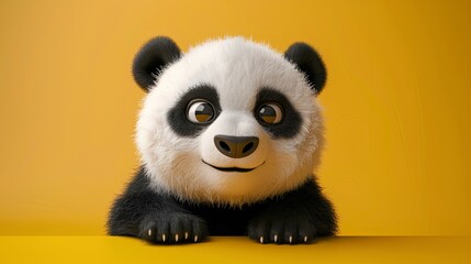 Fototapeta premium 3D render of a cute panda with a round face and black-and-white fur against a yellow background.