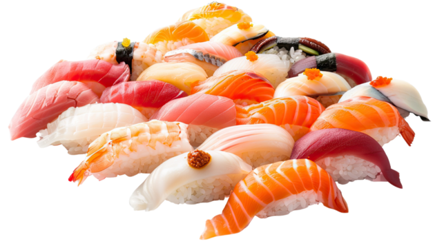 Photograph of a colorful sushi platter, featuring a variety of nigiri, maki, and sashimi, arranged on a bed of sushi rice, on a transparent background.