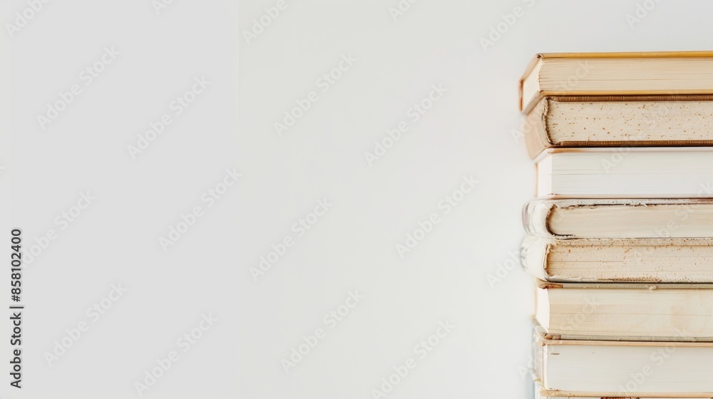 Poster macro close up image of books stack on white background with empty space
