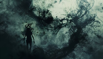 A dark and somber scene with shadows and abstract shapes creating a mysterious atmosphere. 
