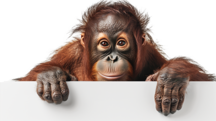 Orangutan holding a white board, isolated on transparent background.