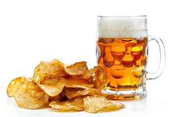 Glass of beer and potato chips isolated on a white background. Created with Generative AI technology.