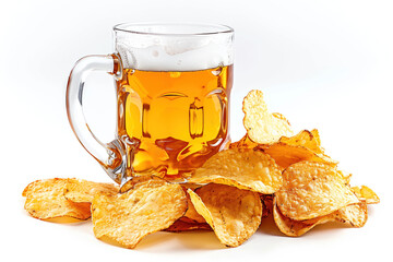 Glass of beer and potato chips isolated on a white background. Created with Generative AI technology.