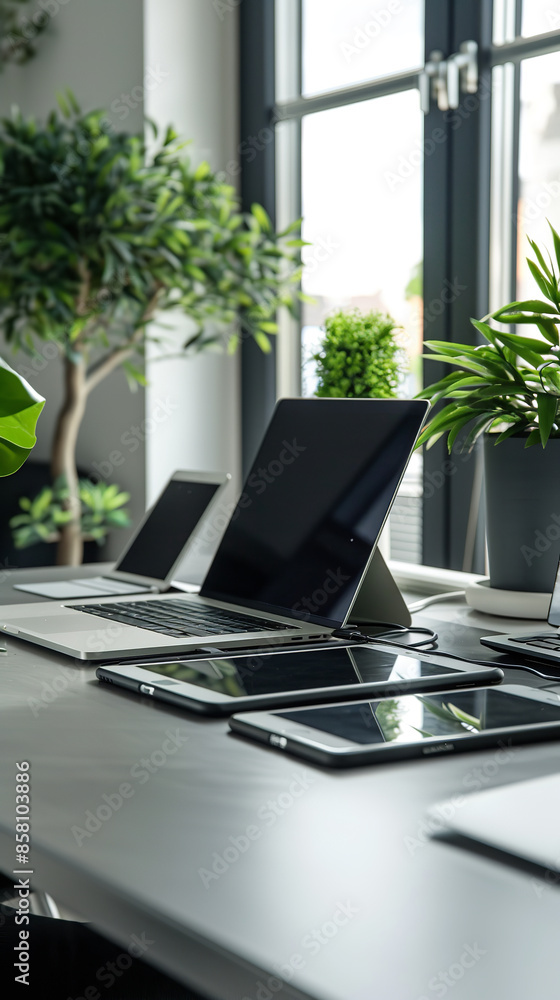 Poster Electronic Devices Charging on a Sleek Modern Desk  