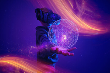  Kid with VR glasses in polygon virtuelle struktur universum. Kid with virtual reality glasses holds a polygon world grid in his hand.