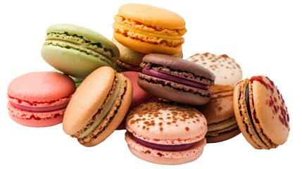 Photograph of a colorful assortment of cupcakes, decorated with frosting, sprinkles, and edible glitter, on a transparent background.