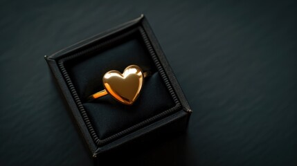 Costly heart shaped gold ring in black box on black background Overhead view with space for text