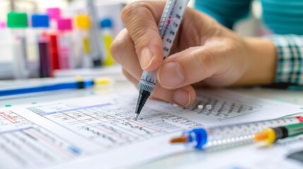 Close-up of Hand Writing on a Chart with Colored Markers and Syringes