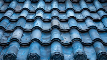 This image captures an up-close view of blue ceramic roof tiles, showcasing their intricate texture and repetitive pattern, exemplary of traditional roofing designs.