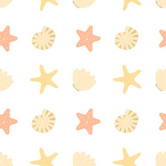 Seamless pattern with starfish and seashells. Marine flora and fauna, underwater life. Vector flat background. Perfect for wrapping, fabric and textile. 