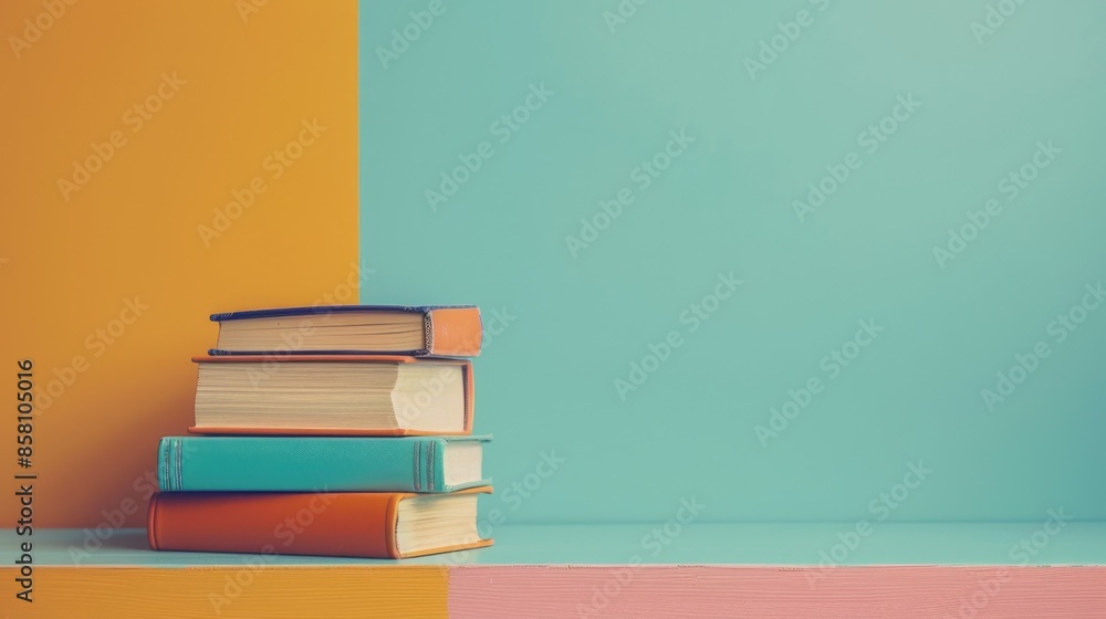 Sticker Books on table against colorful wall Space for text School theme