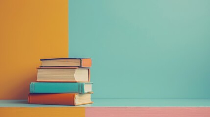 Books on table against colorful wall Space for text School theme