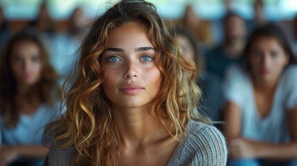 A young woman with wavy hair and piercing blue eyes focusing intently, set against a blurred crowd in a casual, social environment.