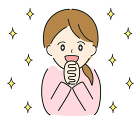 手を握り合わせて喜びを表現する女性のイラスト。ワクワク、ドキドキ、ときめき、感激のイメージ素材。