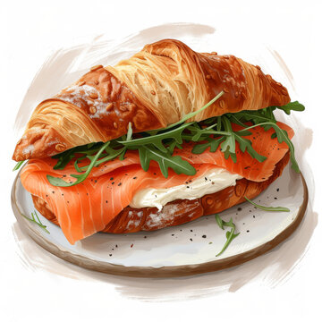 Croissant with salmon, arugula, cheese on a white plate on a white background