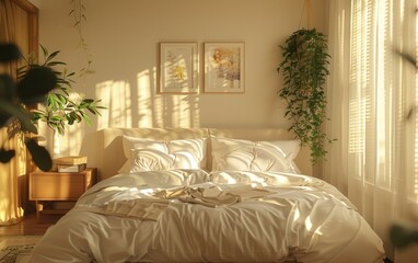 Sunlit Bedroom With White Bedding and Plants in the Morning
