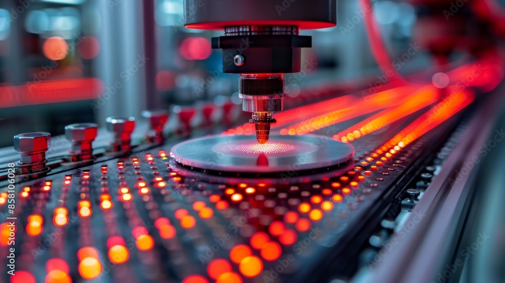 Poster a close-up of automated machinery in a factory, precision machining a metallic disk with vibrant, gl