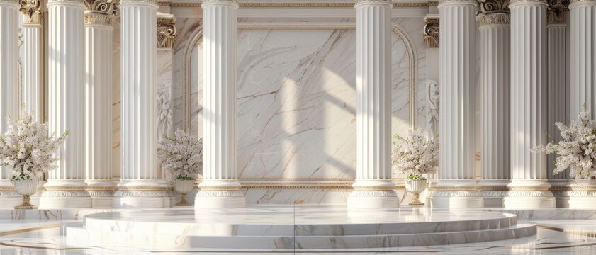 Ancient greek architecture with pillars and white flower