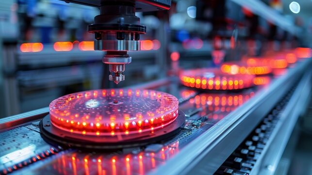 An image showing the production of disks in an automated manufacturing facility with red lights creating a high-tech and efficient industrial environment.