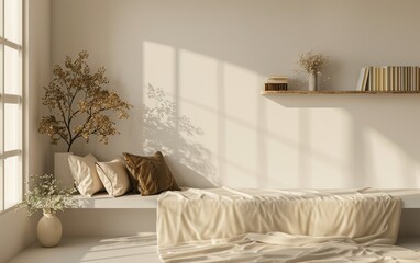 Sunlight Streaming Through Window Onto Cozy Window Seat With Pillows and Blanket