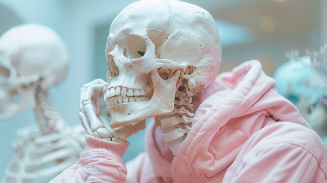 This image features a skeleton wearing a pink hoodie in a thinking pose, invoking a sense of contemplation and merging fashion with skeletal art representing human introspection.