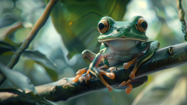 Dumpy frog on a twig in a tropical forest