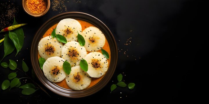 Overhead view of idli and sambar traditional South Indian cuisine on dark background. Concept Food Photography, South Indian Cuisine, Idli and Sambar, Overhead Shot, Dark Background