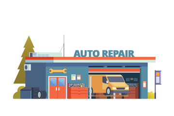Vector detailed auto garage building flat design illustration	
