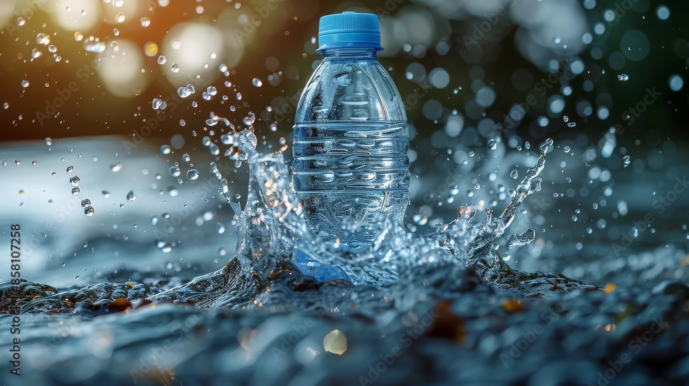 Poster a close-up of a plastic bottle splashing in water, surrounded by droplets, with sunlight creating a 