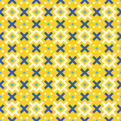 Blue, yellow, white pixel art pattern with traditional Ukrainian embroidery ornament, seamless background vector illustration. Minimalist geometric print for textile design, fabric or packaging
