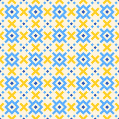 Blue, yellow, white pixel art pattern with traditional Ukrainian embroidery ornament, seamless background vector illustration. Minimalist geometric print for textile design, fabric or packaging