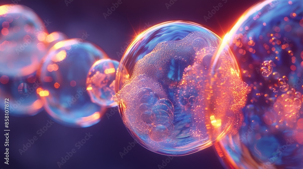 Poster a row of soap bubbles showcases vivid reflections of light, emphasizing their fragile and ephemeral 