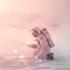 Astronaut Hopefully Kneels on Snowy Landscape with Paper
