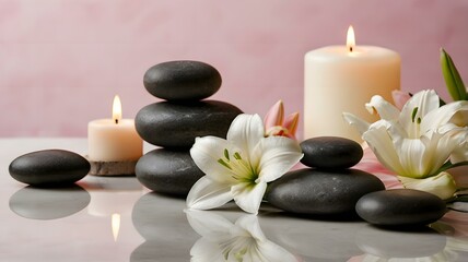 Obraz premium 禅石とキャンドルのリラクゼーション/ゆりの花