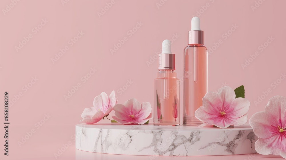 Sticker cosmetic bottles with serum on marble podium with flowers pink background