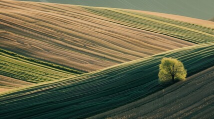 A photo of the Nuremberg countryside with fields in shades of green and brown, forming stripes that highlight their contrast. A lone tree stands on one field's edge, adding depth to the scene. 