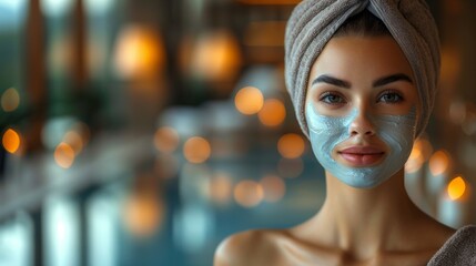 A woman, wrapped in a towel and with a facial mask applied, stands in a relaxing spa setting. The serene ambiance and soft lighting enhance the rejuvenating vibe.