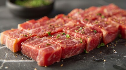 Raw pork, cooked, decorated, vegetables, tomatoes, lemons, etc. arranged cut into bone-in pieces on a white plate.