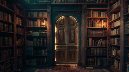 Secret door in the bookcase. Mysterious library with candle lighting. With vintage stuff
