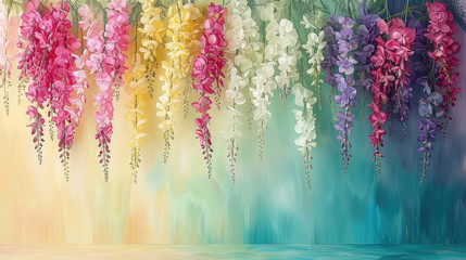 Elegant colorful with vibrant flower hanging branches illustration background. Bright color 3d abstraction wallpaper for interior mural, Generated by AI
