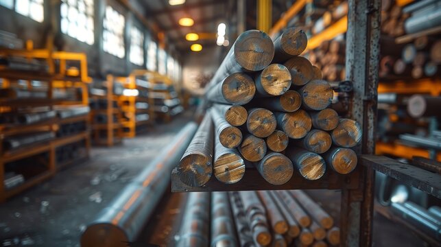 An industrial warehouse filled with neatly stacked metal pipes arranged in rows, showcasing the orderly storage, logistical planning, and raw material inventory management.