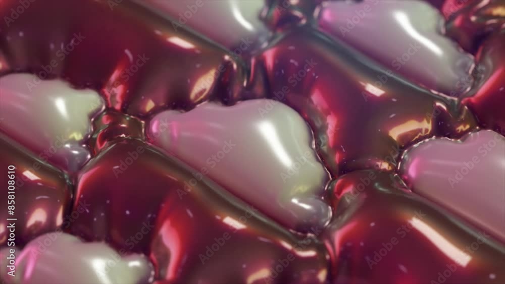 Aufkleber a close-up 3d animation of metallic, iridescent, inflated cloud shapes in a seamless pattern, reflec